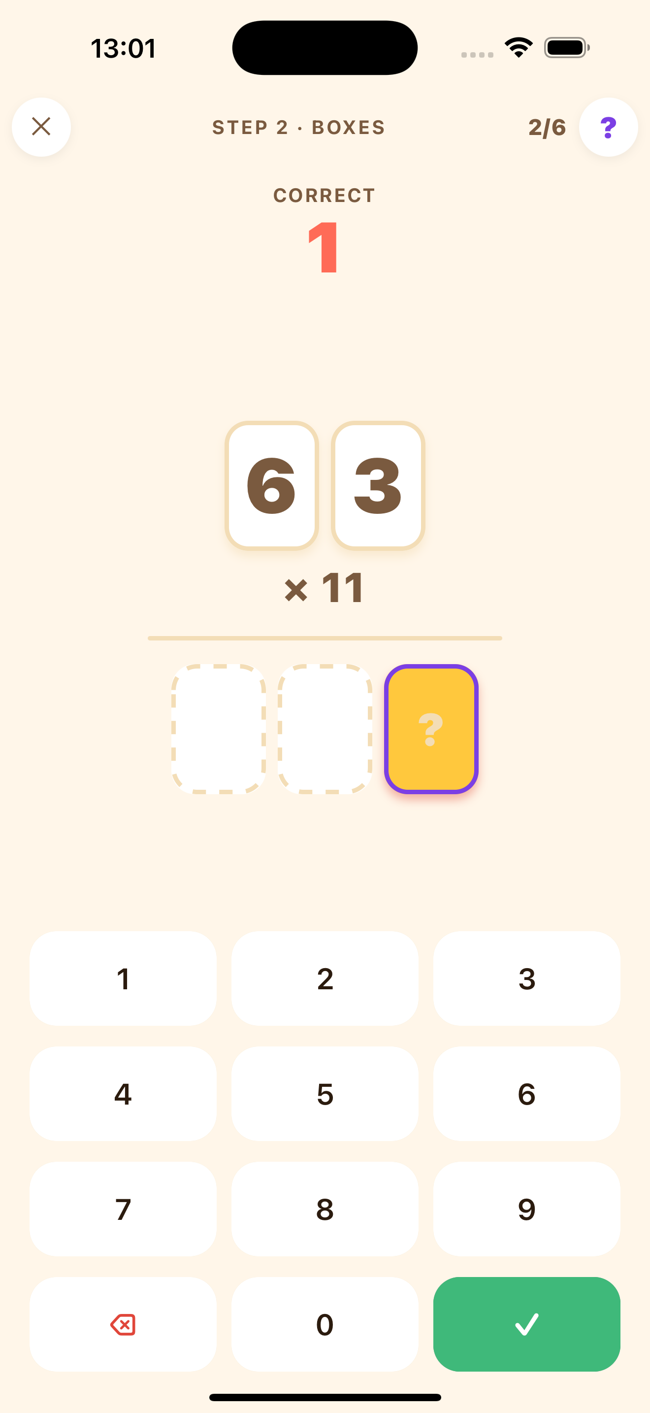 A guided multiplication exercise in the Trachtenberg Kids app